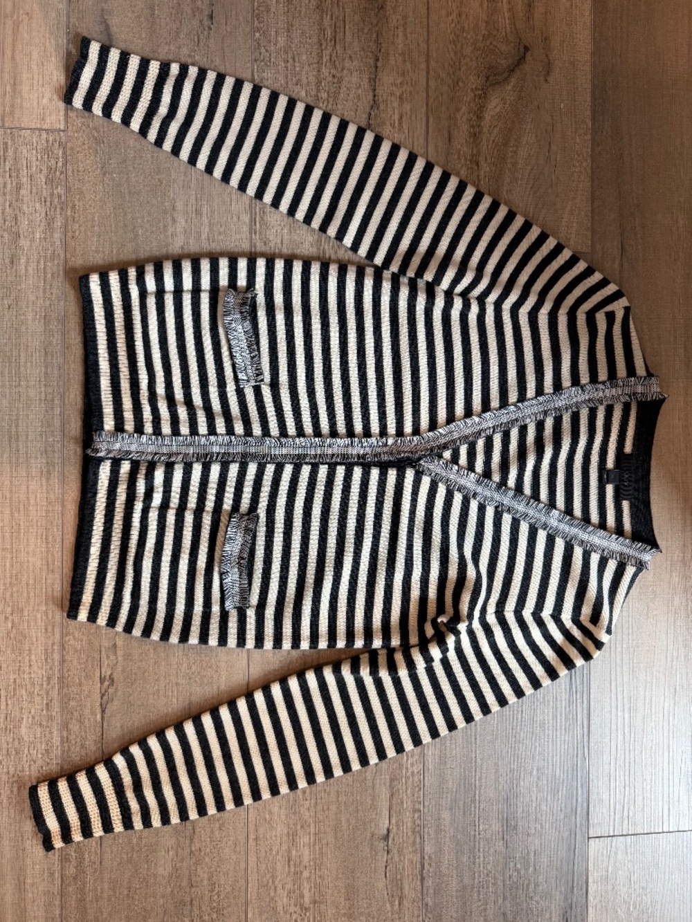 J.Crew Striped Wool Cardigan Dark Gray Ivory Fringe XS
